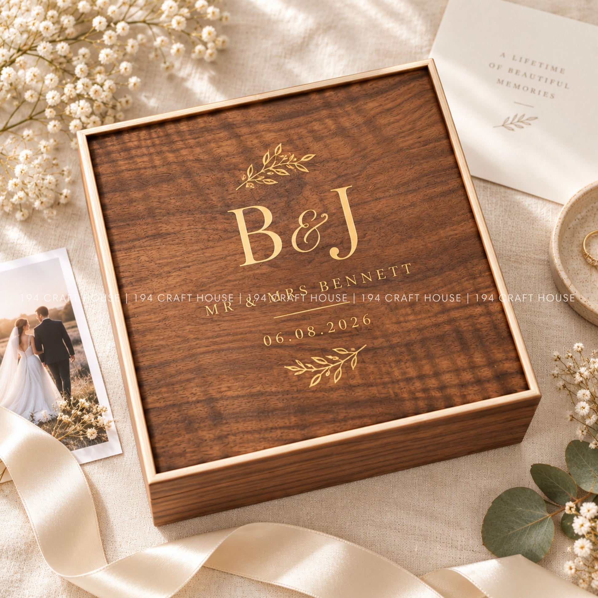 Personalized Walnut Wedding Keepsake Box, Custom Photo Album Box, Engraved Memory Box, Wedding Gift, Gold Foil Photo Storage