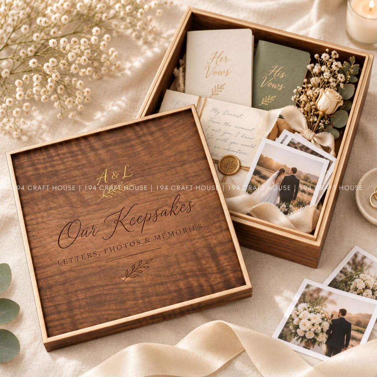 Personalized Walnut Wedding Keepsake Box, Custom Photo Album Box, Engraved Memory Box, Wedding Gift, Gold Foil Photo Storage