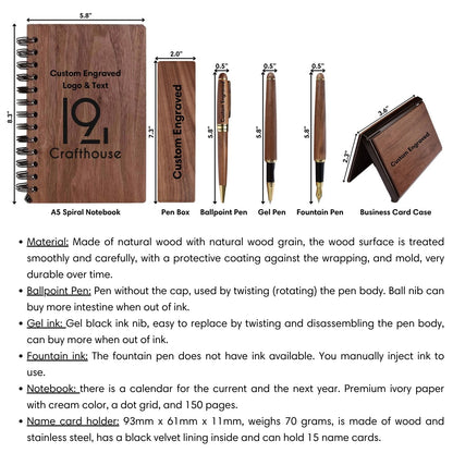 Walnut Wooden Office Set Gift with Pen, Pen Case, A5 Spiral Book, Bussiness Card Case & Holder