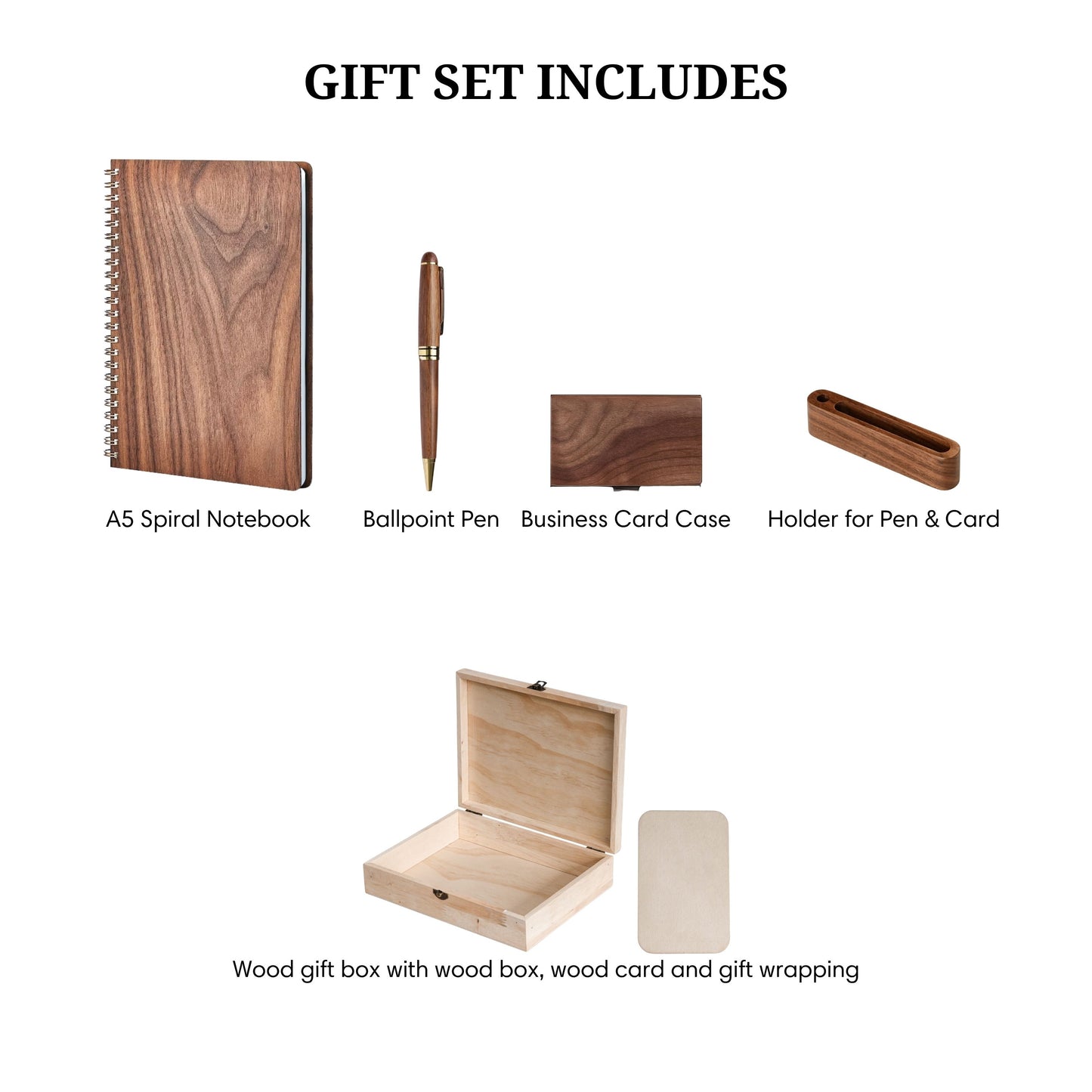 Office Gift set with A5 spiral notebook, ballpoint pen, pen case, wood business card case, card and pen holder,  wood gift box and gift wrapping