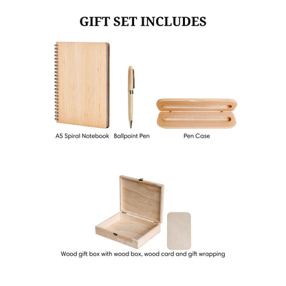 Office Gift set with A5 spiral notebook, ballpoint pen, pen case, wood gift box, wood card, and gift wrapping