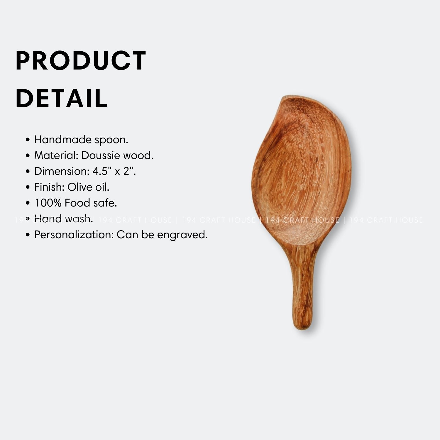 Handcrafted leaf-shaped wooden measuring scoop with product size and dimensions
