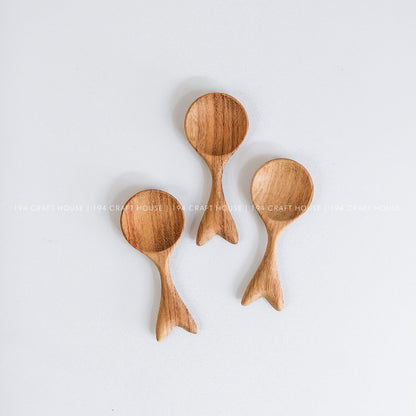 Set of handcrafted fishtail-shaped small wooden spoons for coffee, tea, spices, and condiments