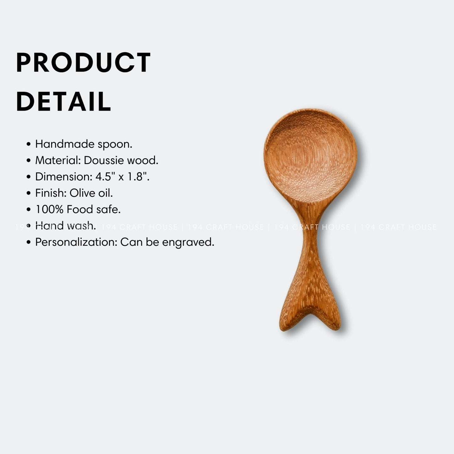 Handcrafted fishtail-shaped small wooden spoon with product size and dimensions