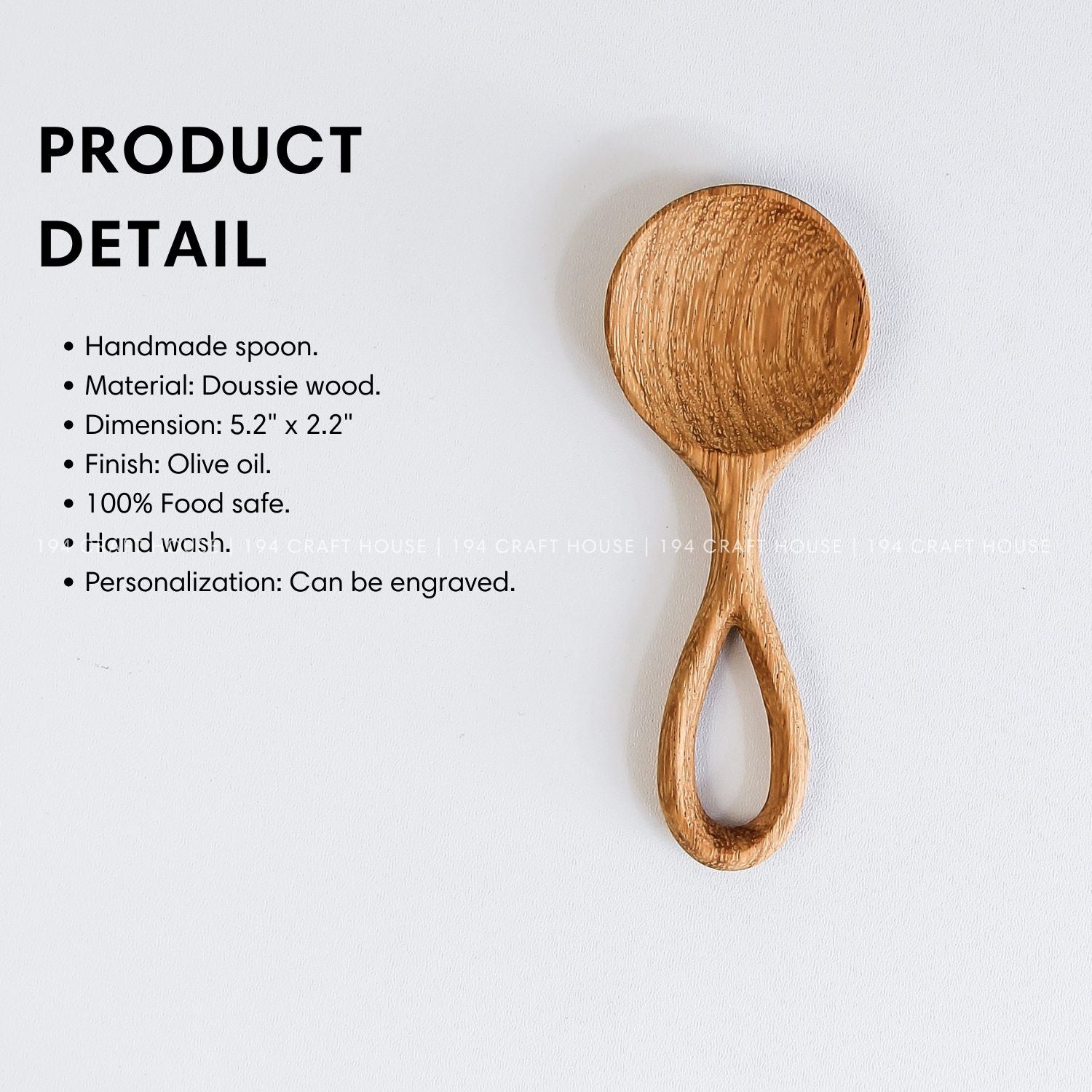 Handmade small wooden coffee and tea scoop with product size and dimensions