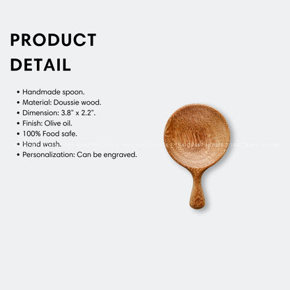 Handmade wooden tea caddy spoon with product size and dimensions