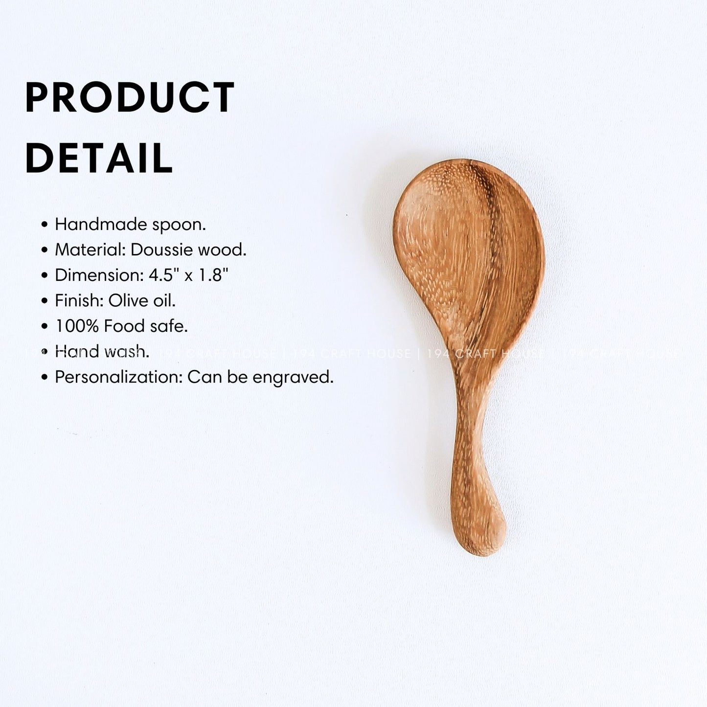 Hand-carved curved short-handle wooden spoon with product size and dimensions