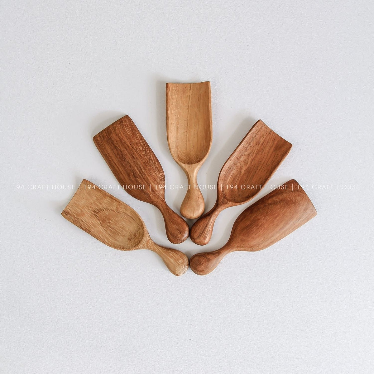 Collection of handcrafted small wooden scoops for bath salts, spices, coffee, tea, sugar, and dry ingredients