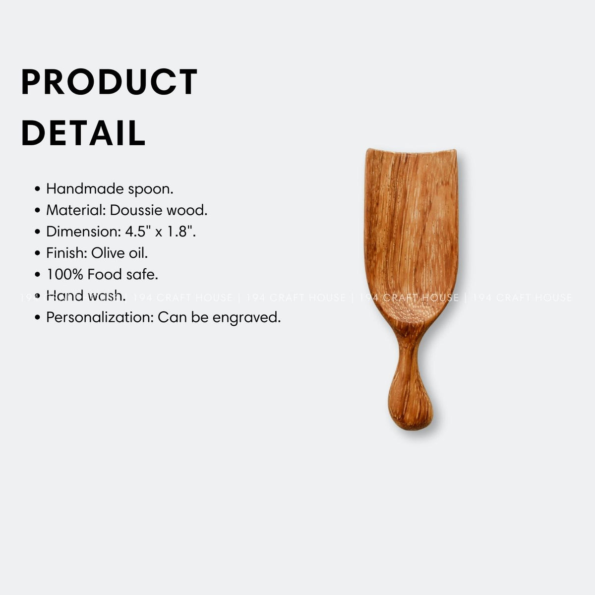 Handcrafted small wooden bath salt scoop with product size and dimensions