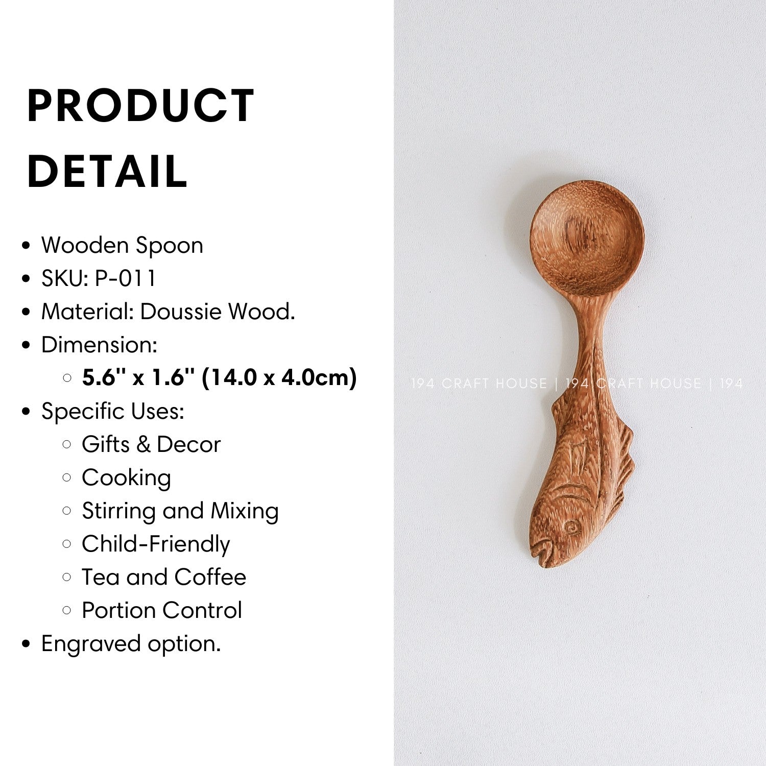 Handcrafted fish-shaped wooden measuring spoon with product size and dimensions