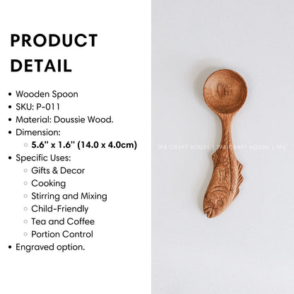 Handcrafted fish-shaped wooden measuring spoon with product size and dimensions