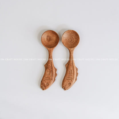 Set of two handcrafted fish-shaped wooden measuring spoons for coffee, tea, herbs, and spices
