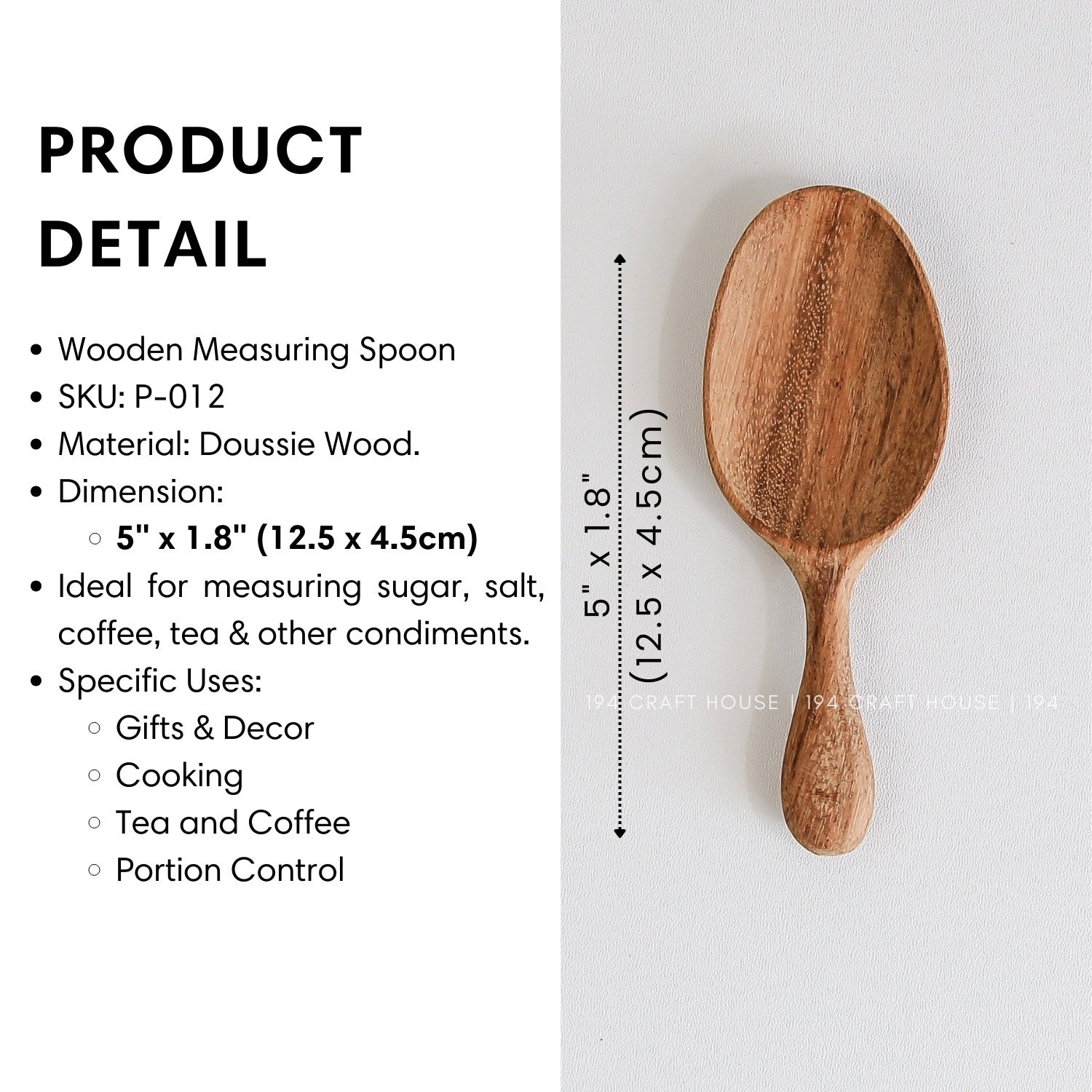 Handcrafted mini wooden spice spoon with product size and dimensions