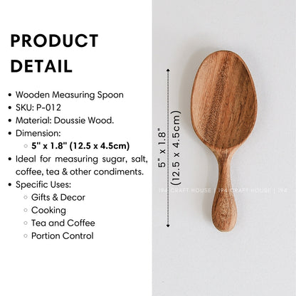Handcrafted mini wooden spice spoon with product size and dimensions
