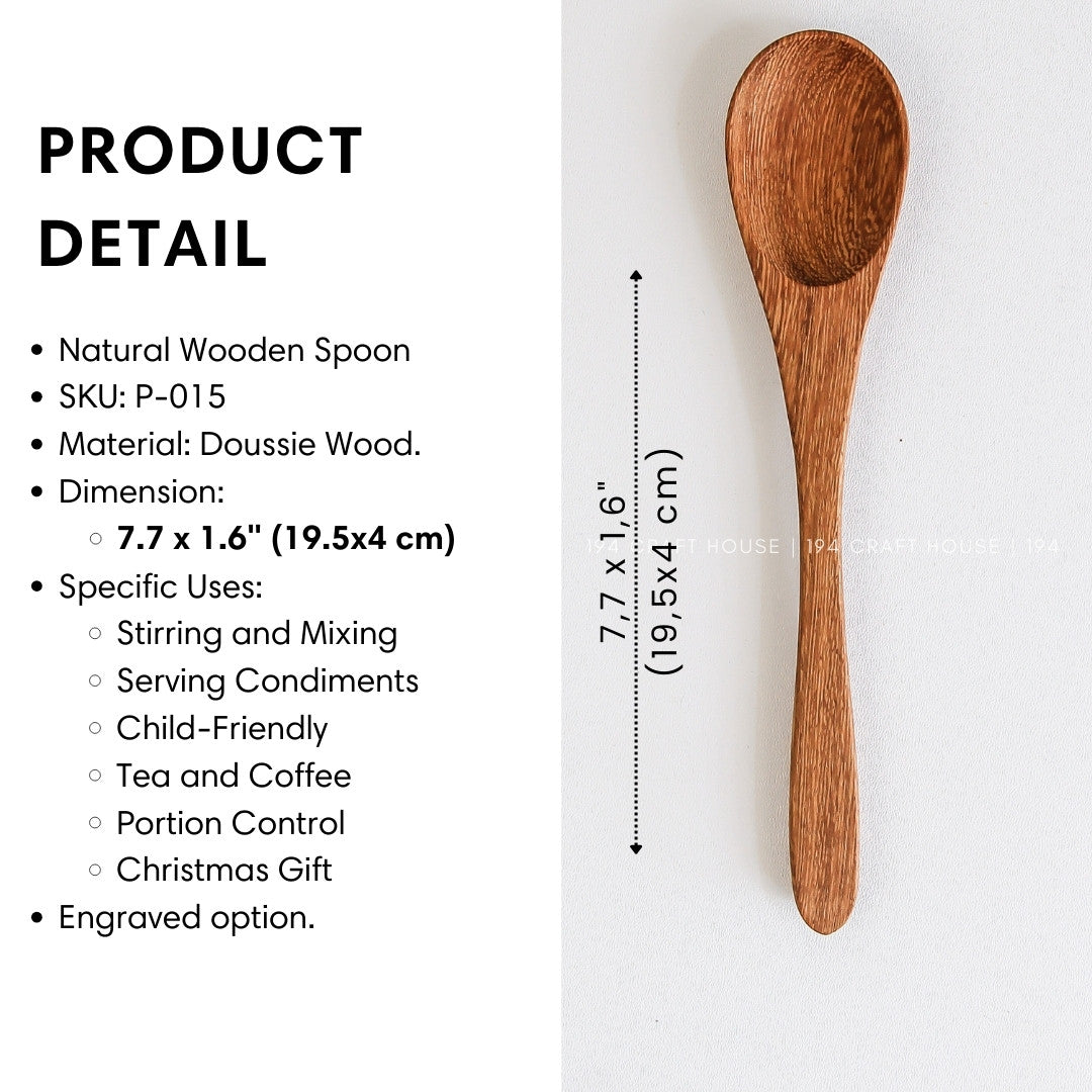 Handcrafted wooden coffee and tea measuring spoon with product size and dimensions