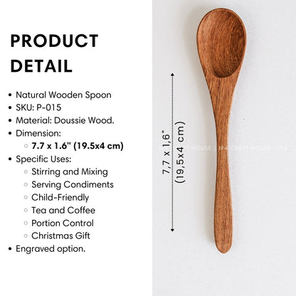 Handcrafted wooden coffee and tea measuring spoon with product size and dimensions