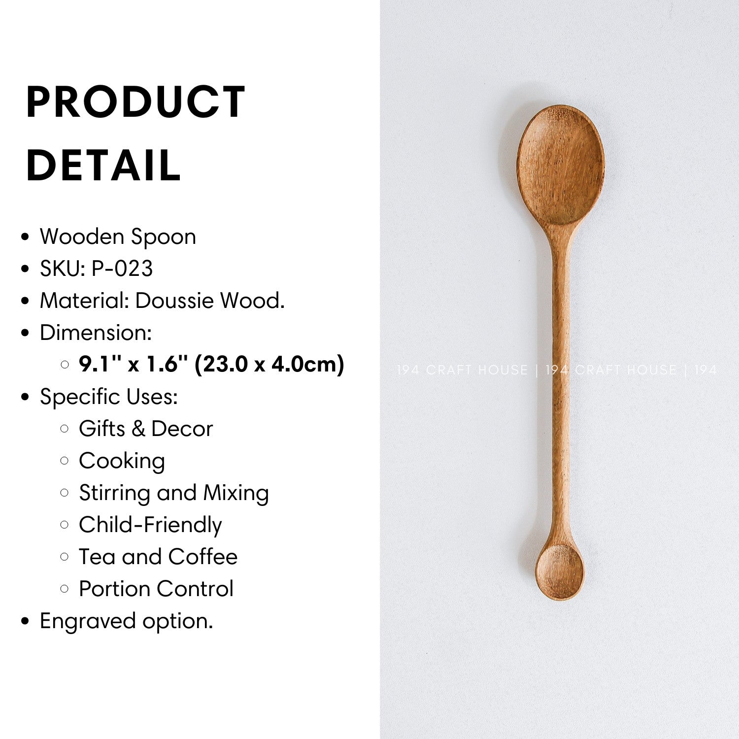 Size and product details of the handcrafted double-ended wooden spoon