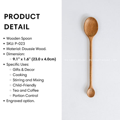 Size and product details of the handcrafted double-ended wooden spoon