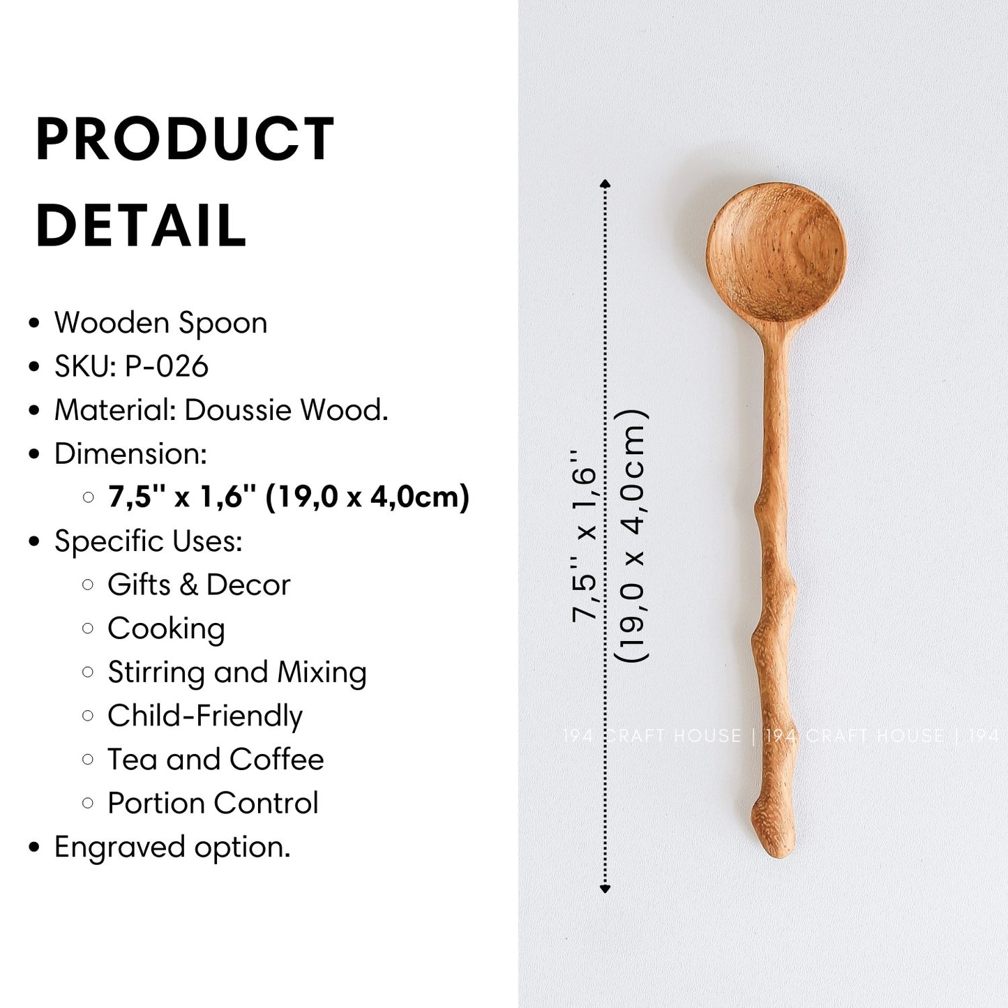 Handcrafted branch tree wooden spoon with product size and dimensions