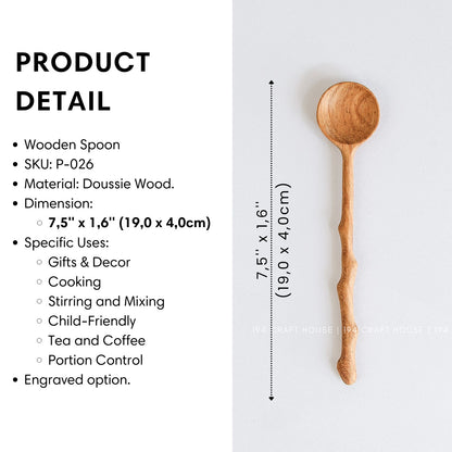 Handcrafted branch tree wooden spoon with product size and dimensions