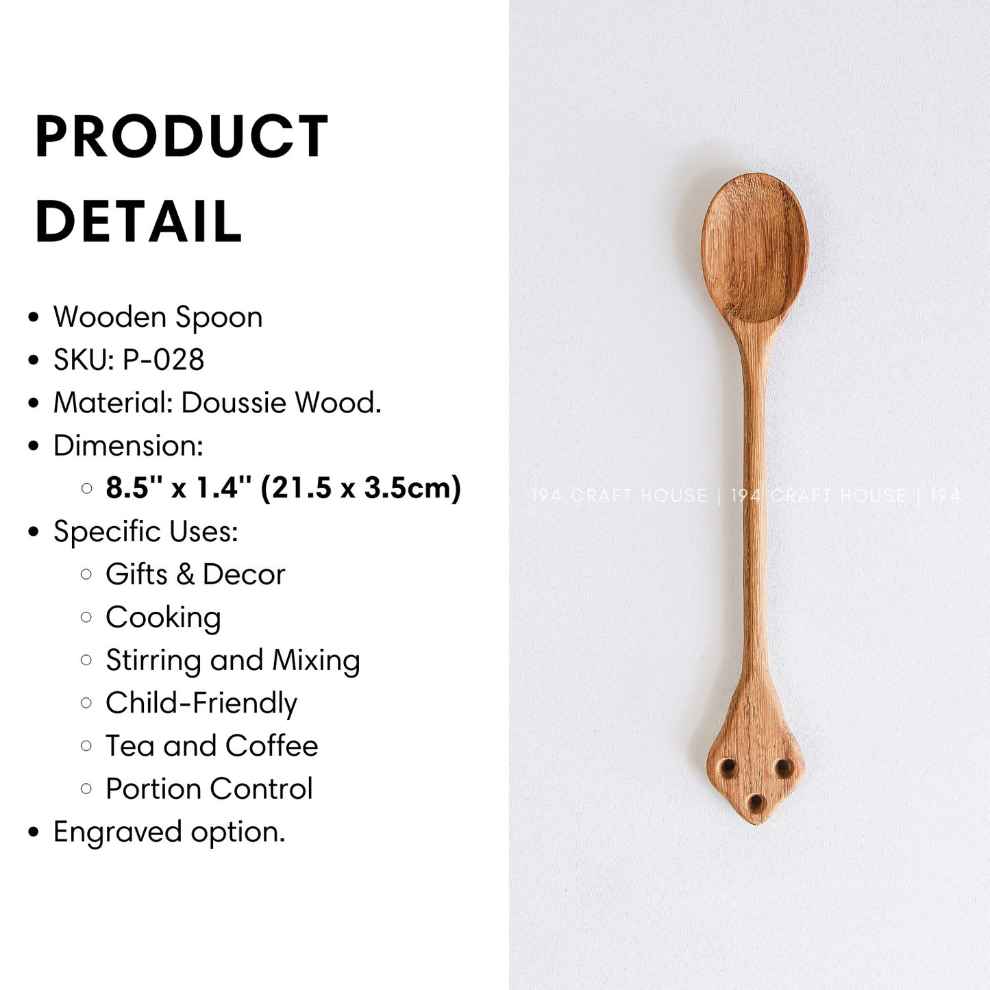 Handcrafted vintage wooden spoon with product size and dimensions