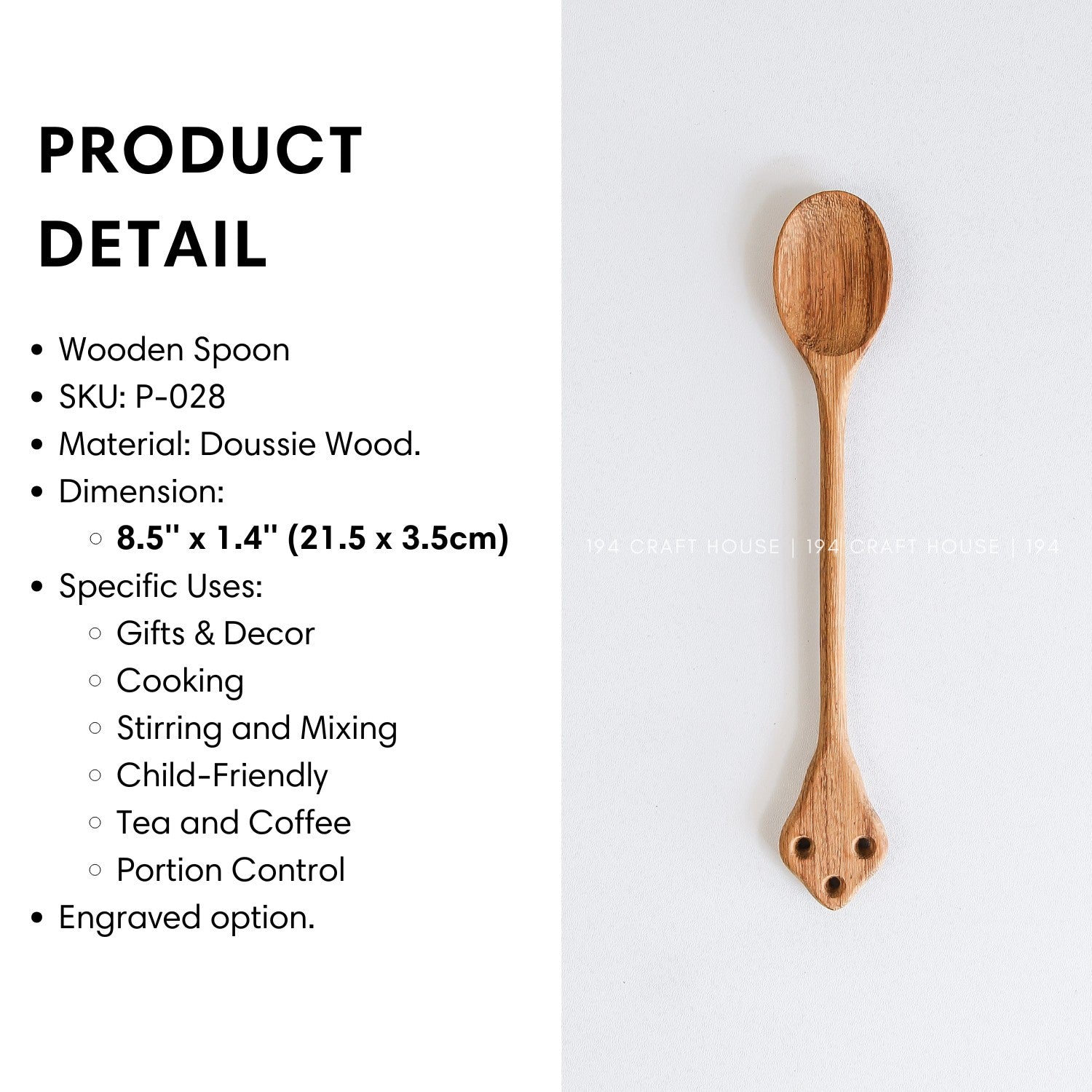 Handcrafted vintage wooden spoon with product size and dimensions