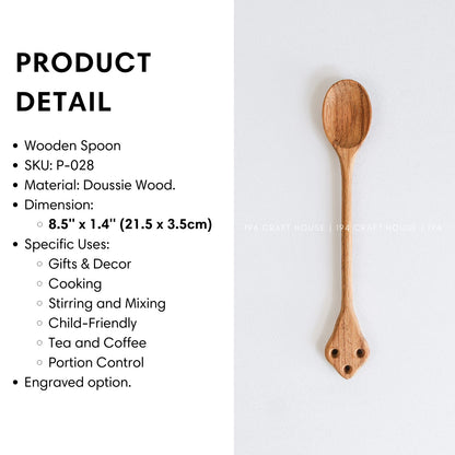 Handcrafted vintage wooden spoon with product size and dimensions