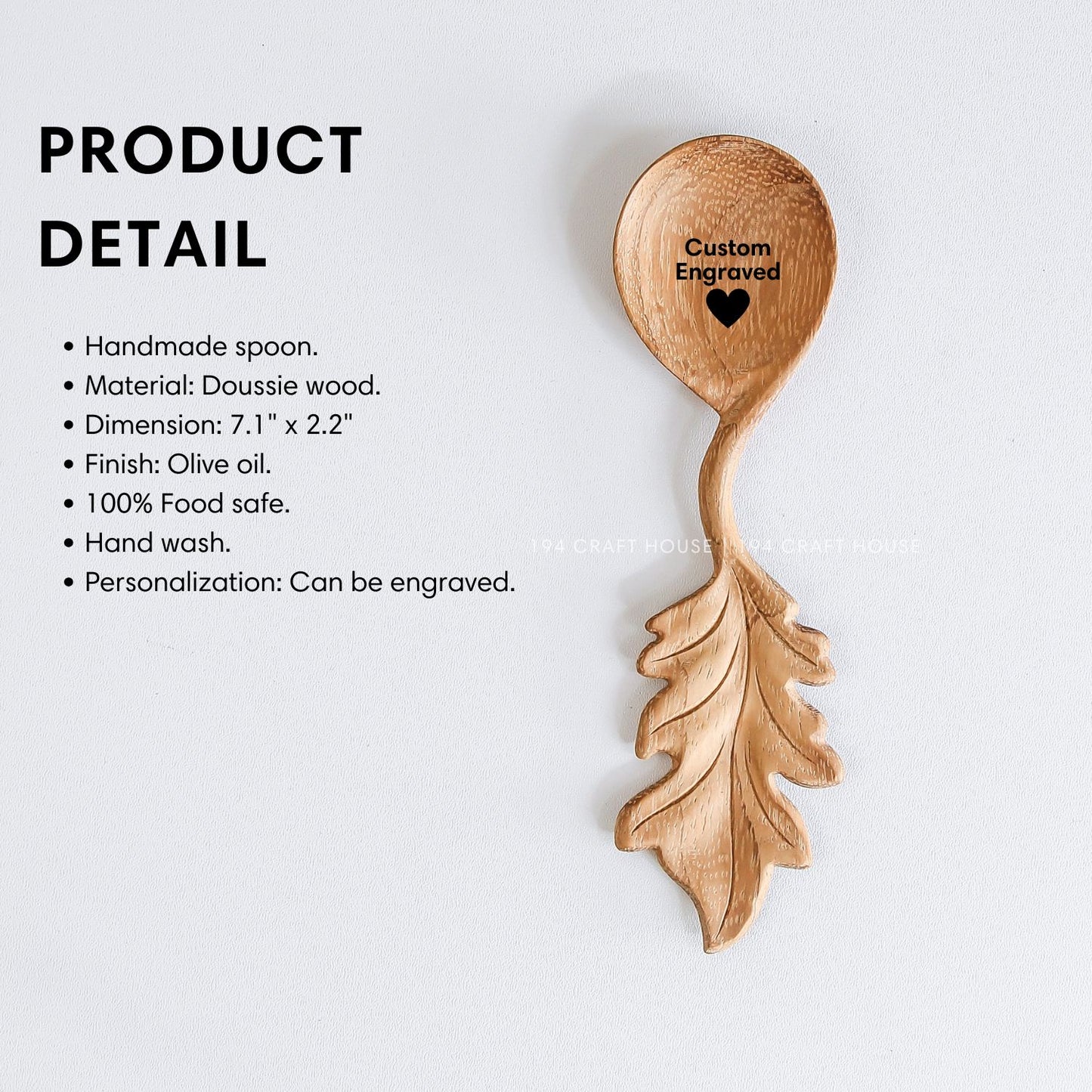 Handcrafted leaf-shaped handle wooden spoon with product size and dimensions