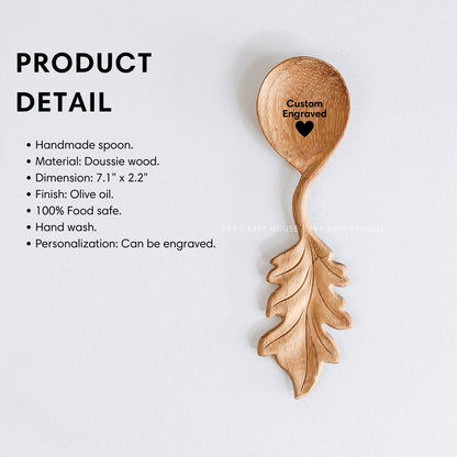 Handcrafted leaf-shaped handle wooden spoon with product size and dimensions