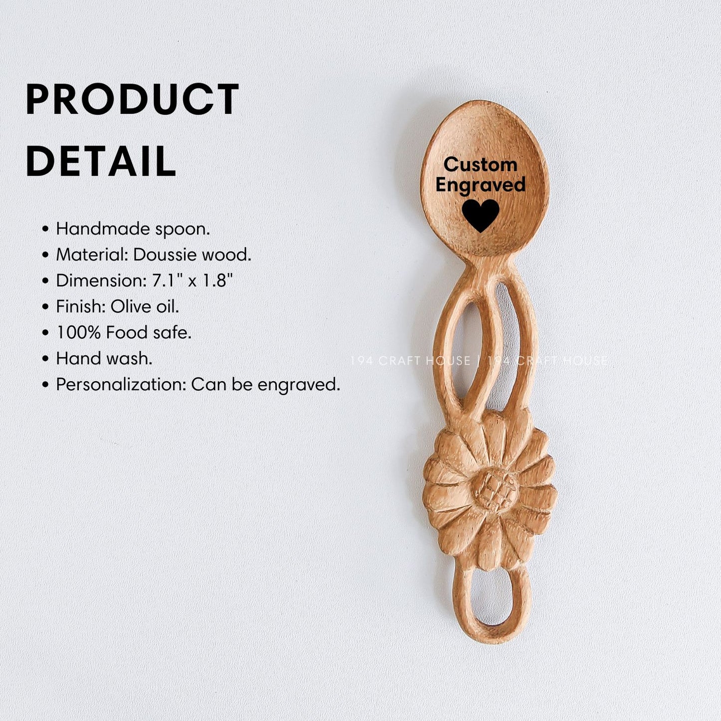 Handcarved flower-shaped wooden spoon with product size and dimensions