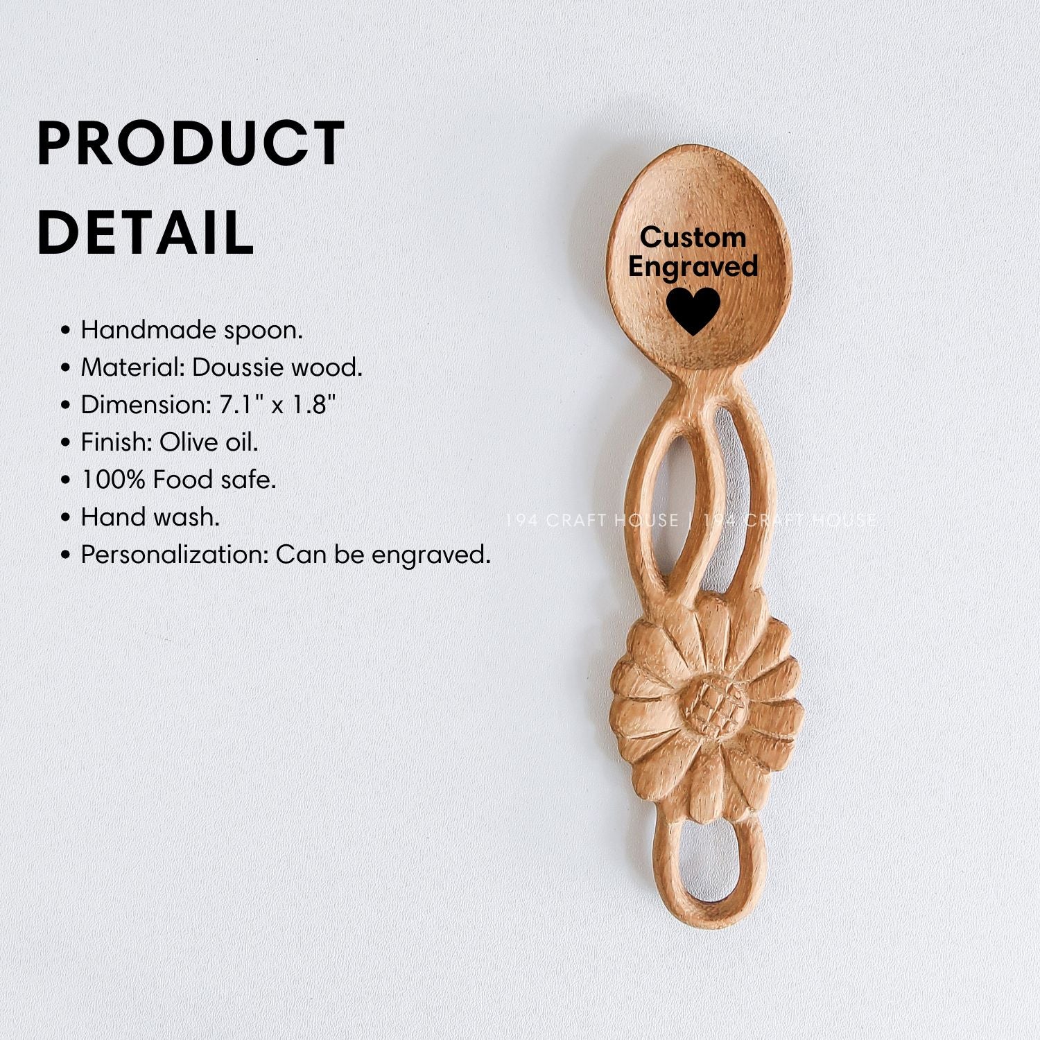 Handcarved flower-shaped wooden spoon with product size and dimensions