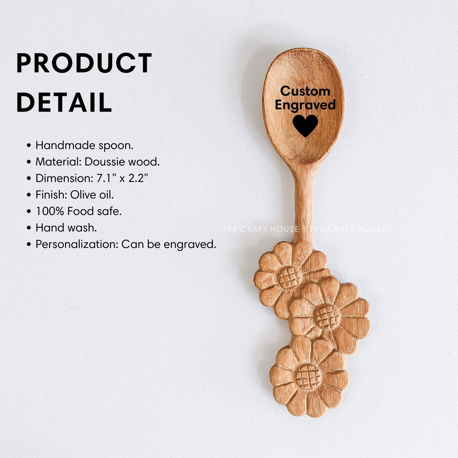 Handcrafted three-flowers handle wooden spoon with product size and dimensions