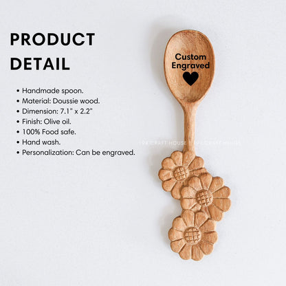 Handcrafted three-flowers handle wooden spoon with product size and dimensions