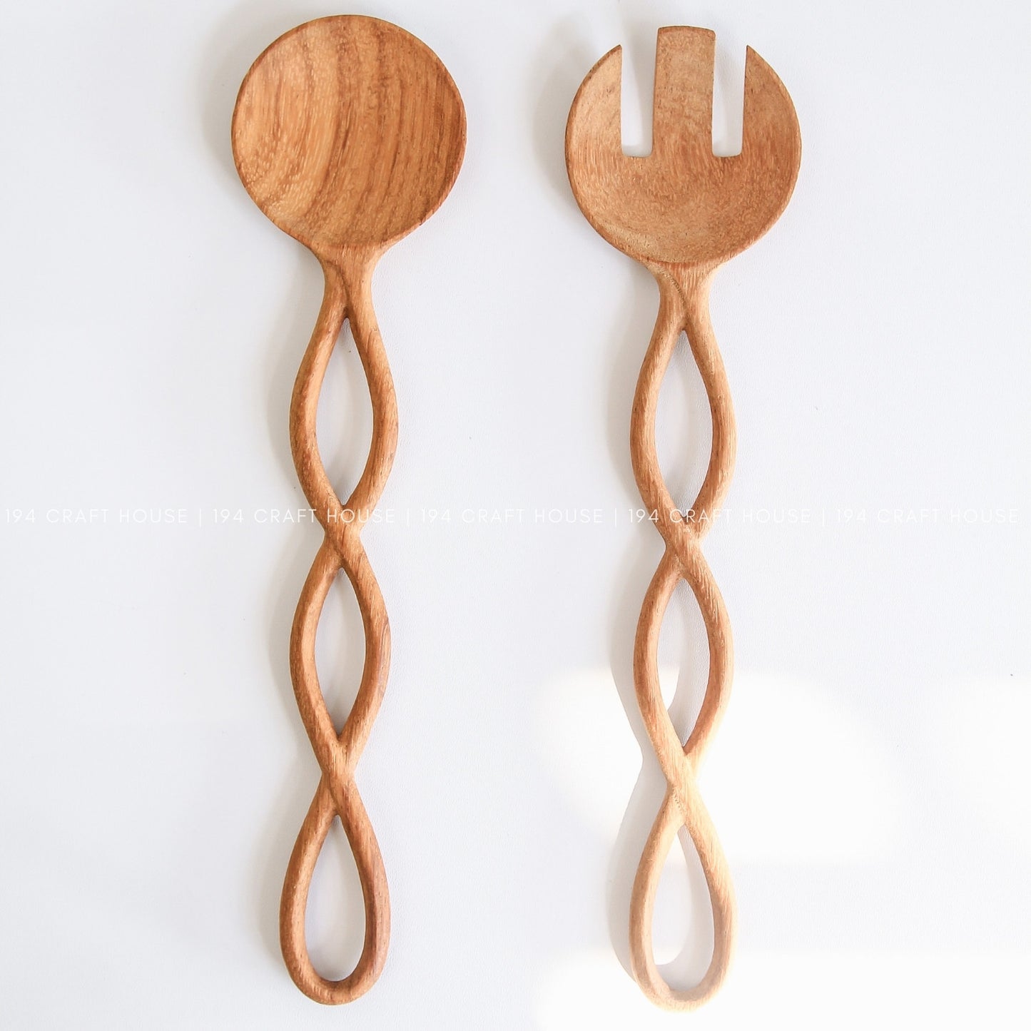 12" Twisted Long Handle Wooden Salad Servers - Kitchen Serving Utensils