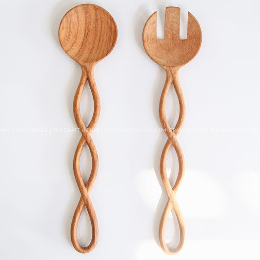 12" Twisted Long Handle Wooden Salad Servers - Kitchen Serving Utensils