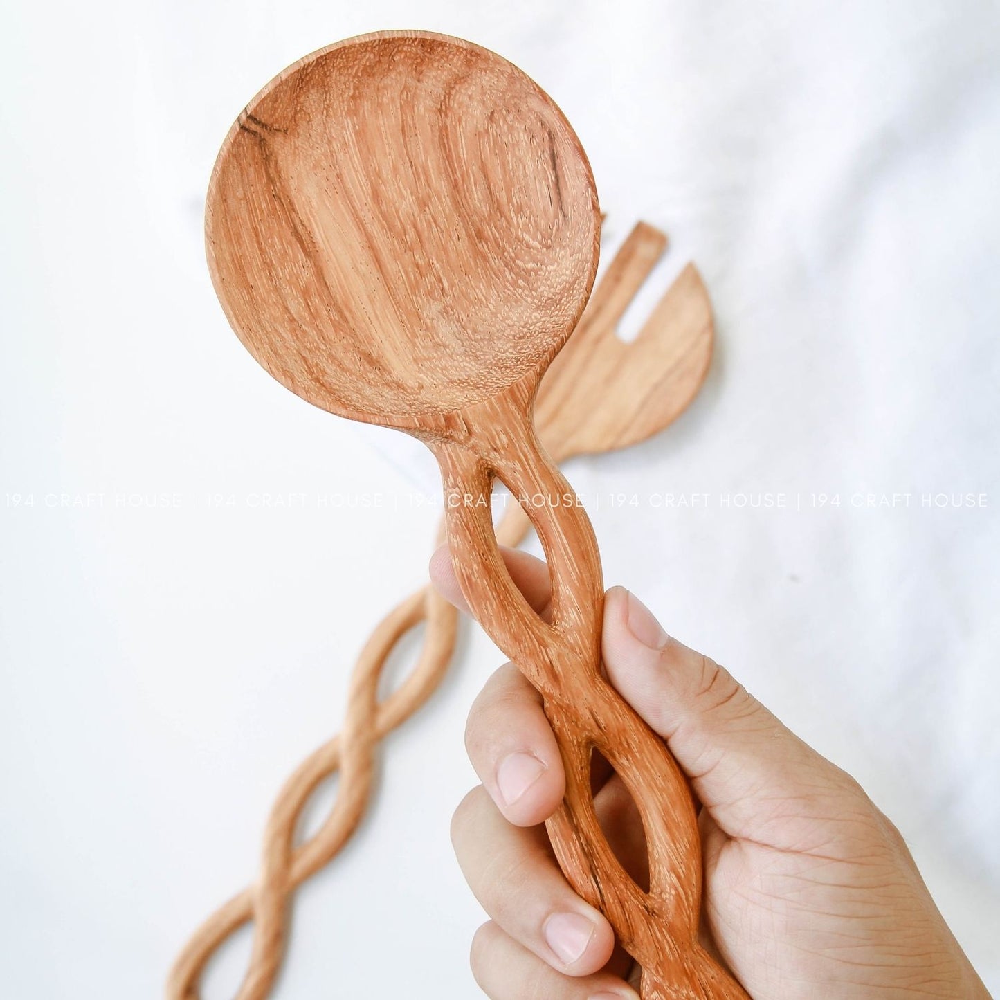 13" Twisted Handle Wooden Salad Servers - Kitchen Serving Utensils