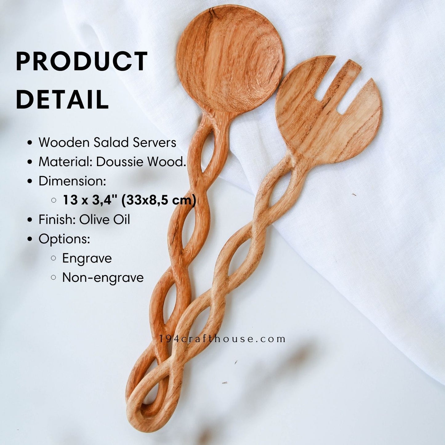 13" Twisted Handle Wooden Salad Servers - Kitchen Serving Utensils