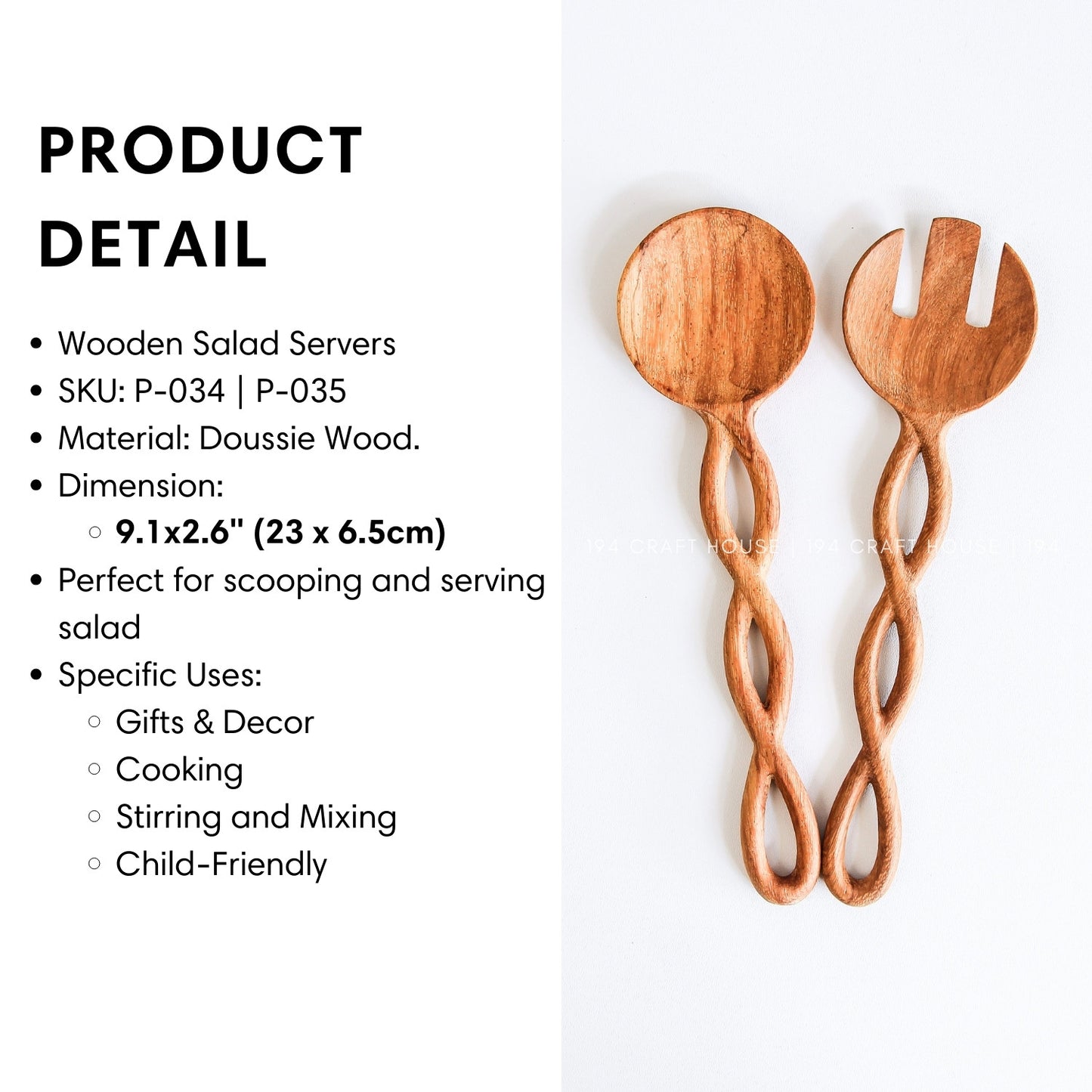 9" Twisted Handle Wooden Salad Servers - Kitchen Serving Utensils