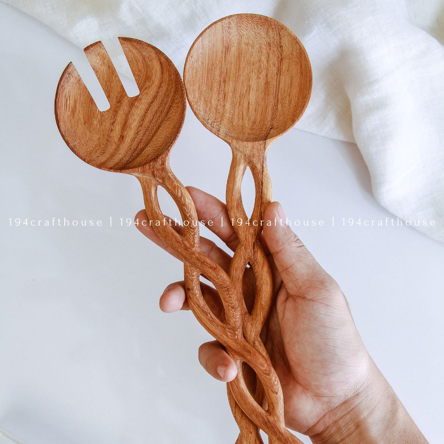 13" Twisted Handle Wooden Salad Servers - Kitchen Serving Utensils