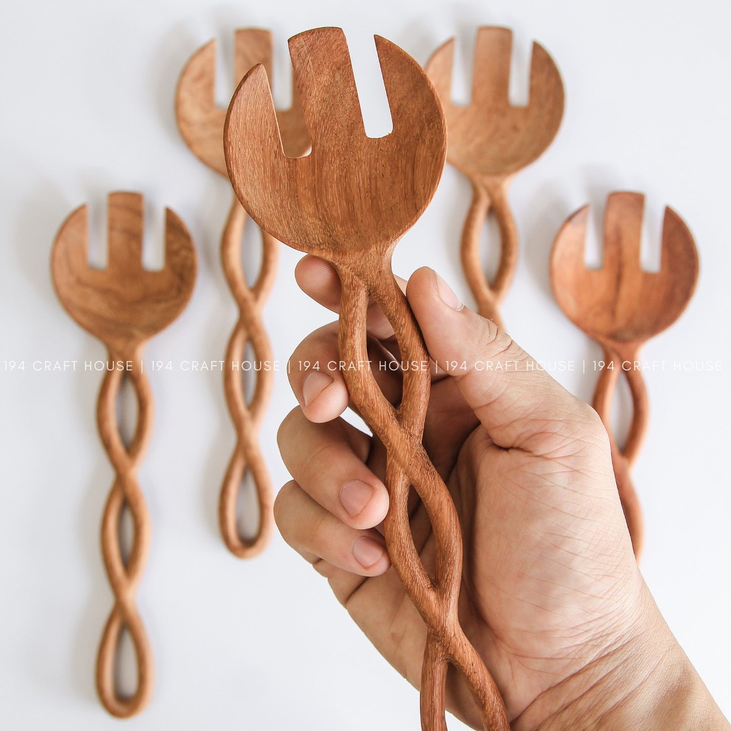 9" Twisted Handle Wooden Salad Servers - Kitchen Serving Utensils