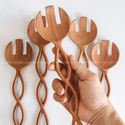 12" Twisted Long Handle Wooden Salad Servers - Kitchen Serving Utensils