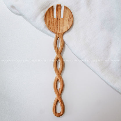 13" Twisted Handle Wooden Salad Servers - Kitchen Serving Utensils