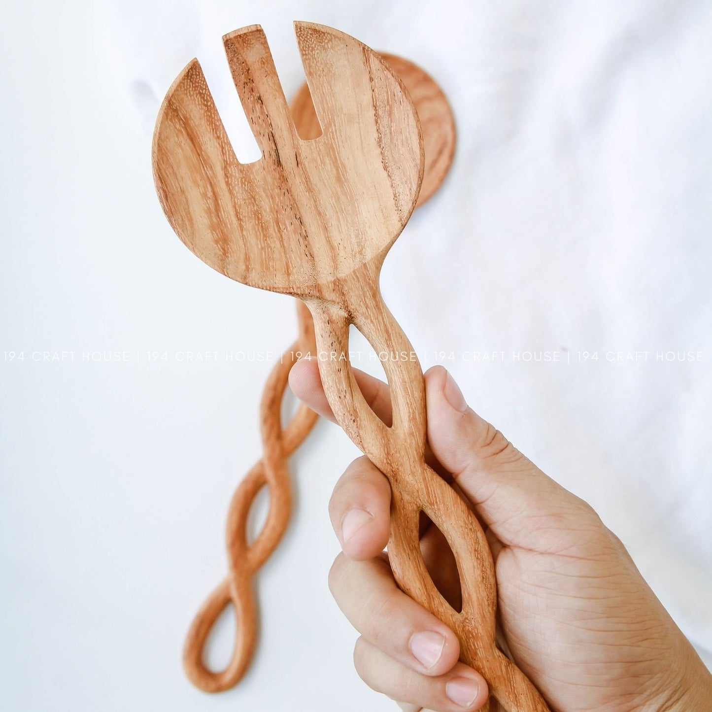 13" Twisted Handle Wooden Salad Servers - Kitchen Serving Utensils