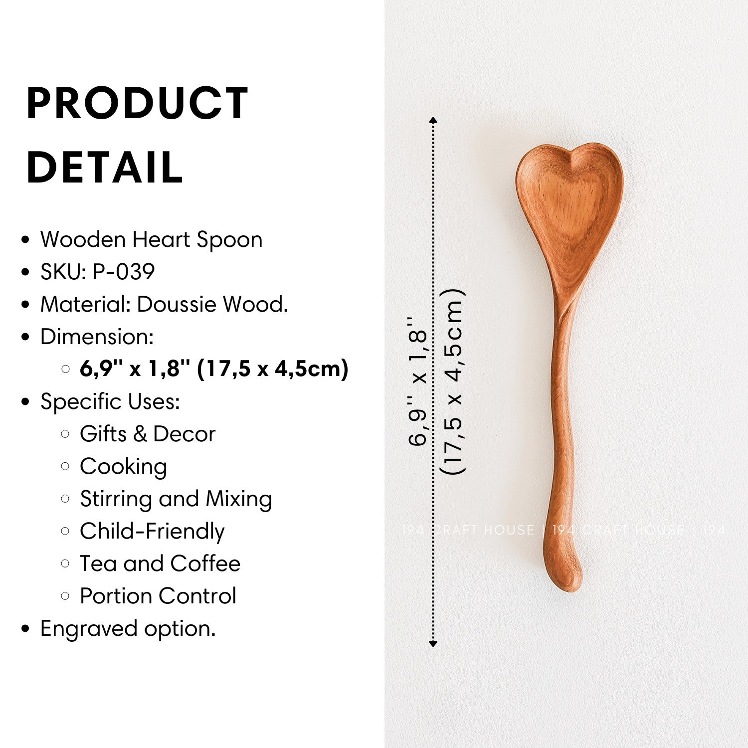 Size and product details of the handcrafted wiggly heart-shaped wooden spoon