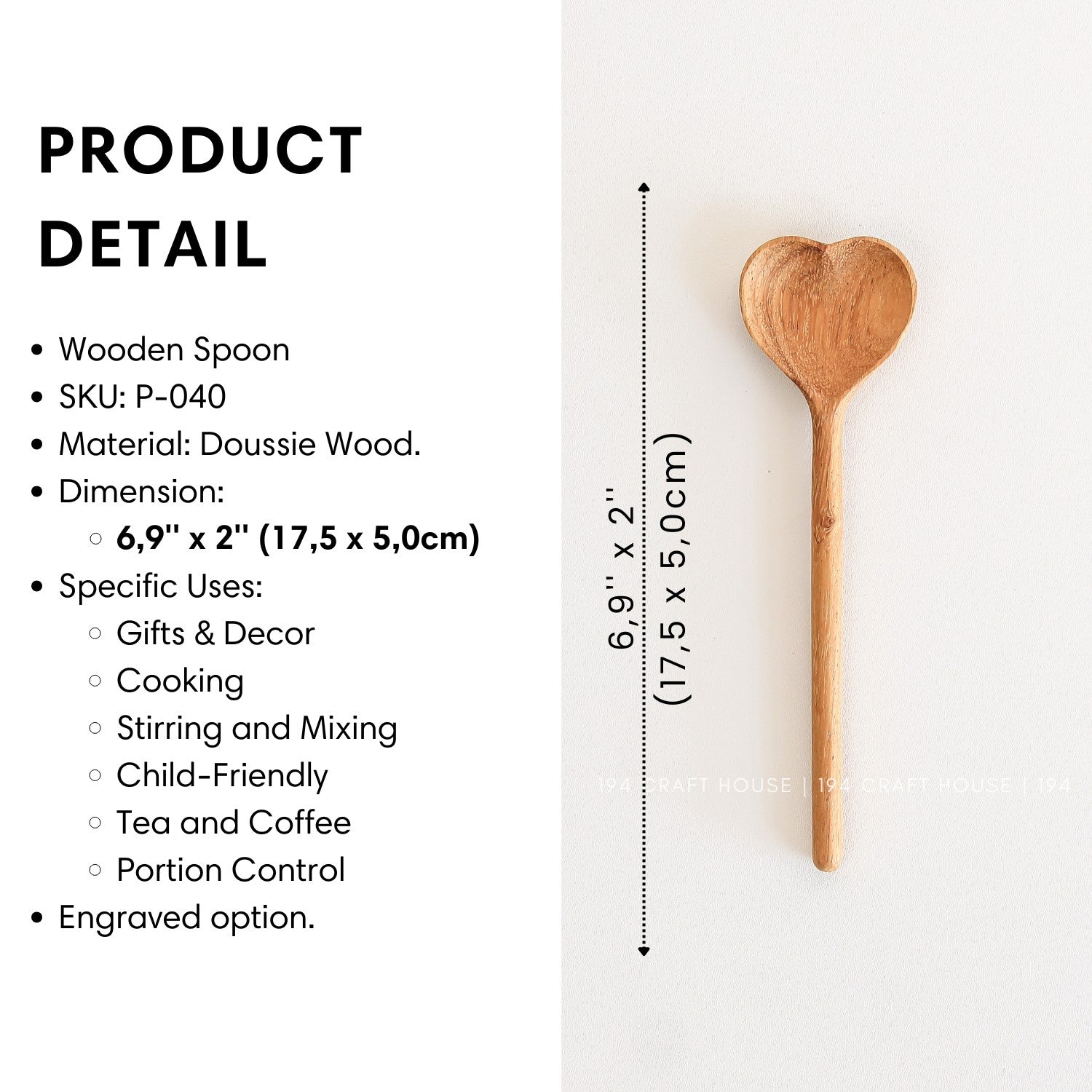 Size and product details of the handcrafted heart-shaped wooden spoon