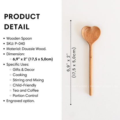 Size and product details of the handcrafted heart-shaped wooden spoon