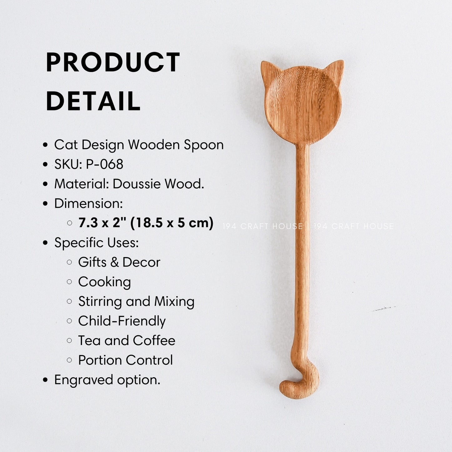 Size and product details of the 7.3-inch handcrafted cat-shaped wooden spoon