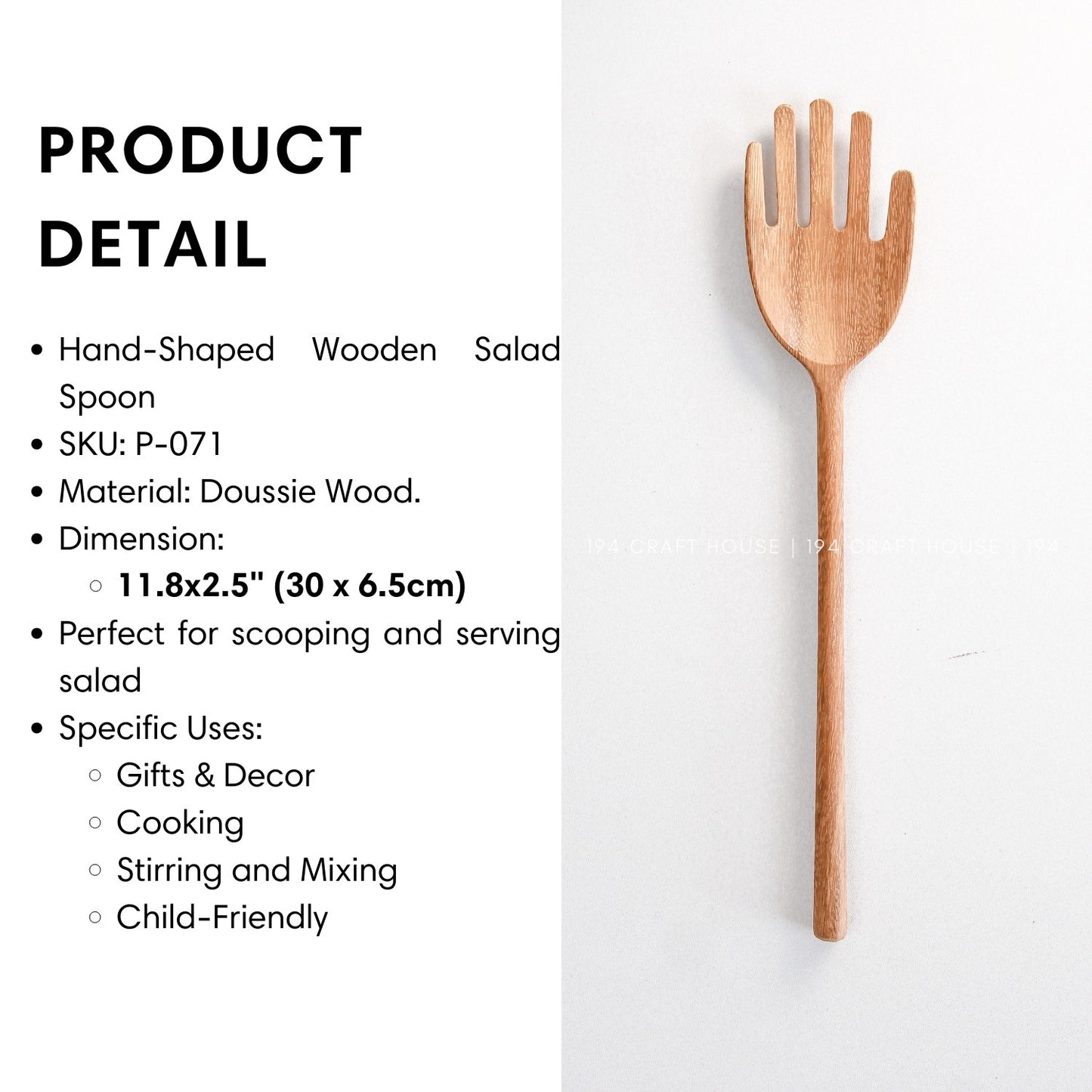 Size and product details of the 12-inch hand-shaped wooden salad servers