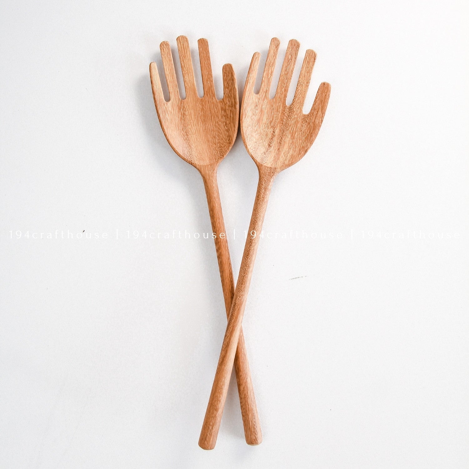 Handcrafted 12-inch hand-shaped wooden salad servers with long handles