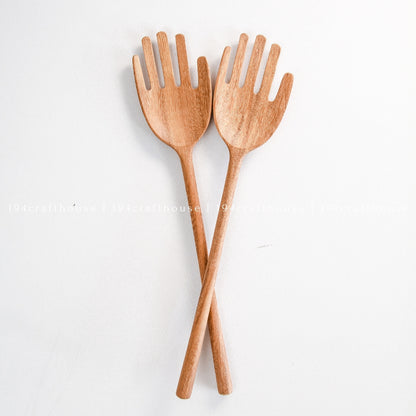 Handcrafted 12-inch hand-shaped wooden salad servers with long handles